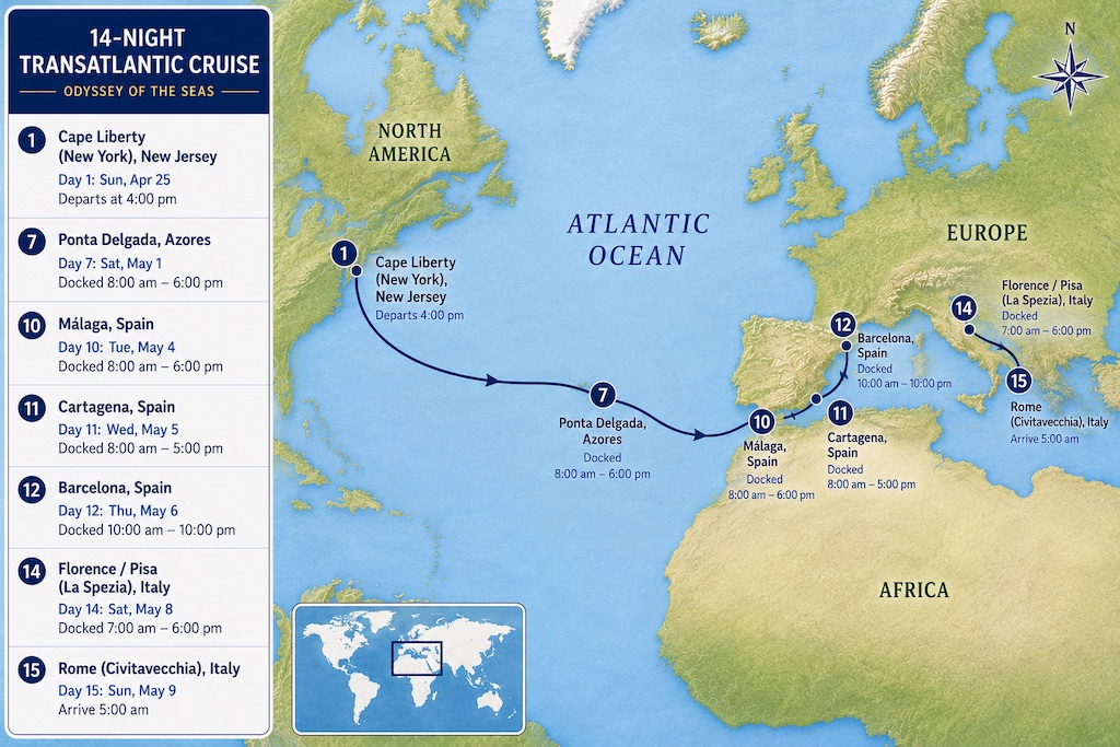 Map of the transatlantic cruise itinerary