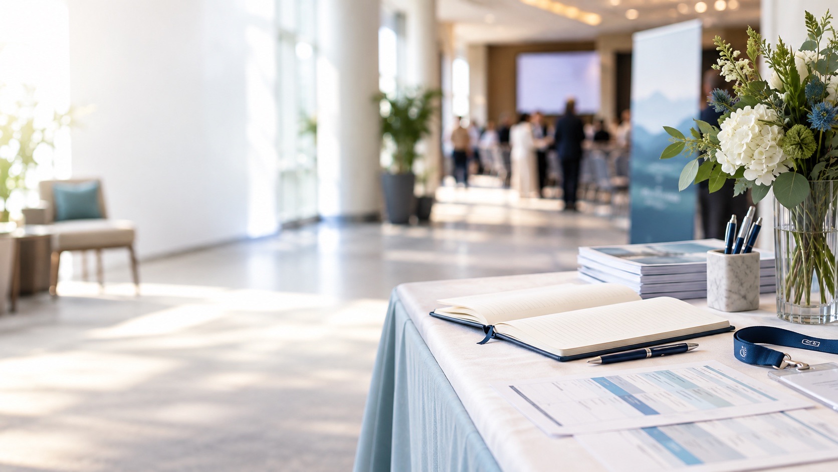 Conference information materials at a welcoming registration area