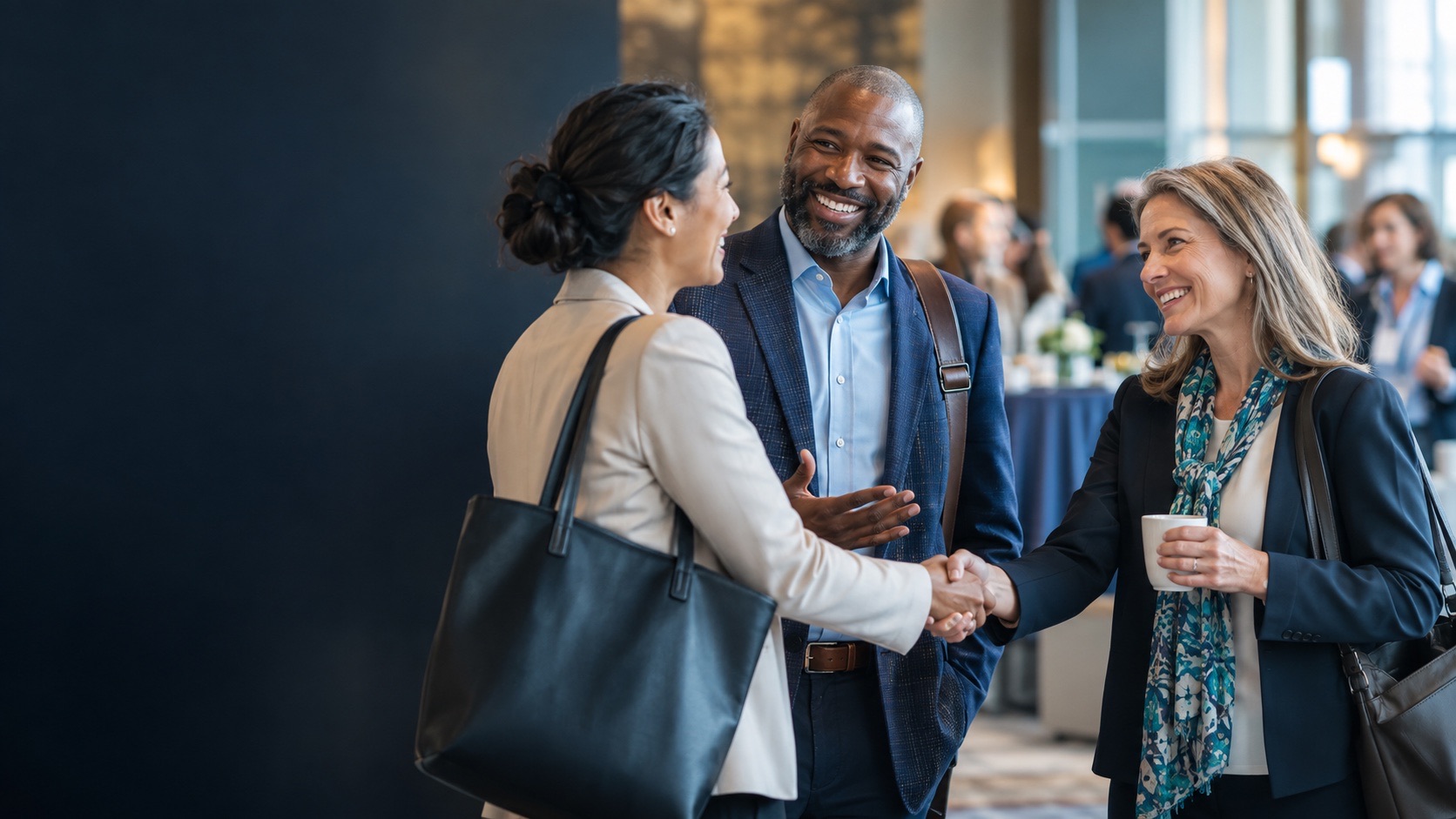 Healthcare professionals welcoming a colleague at a conference