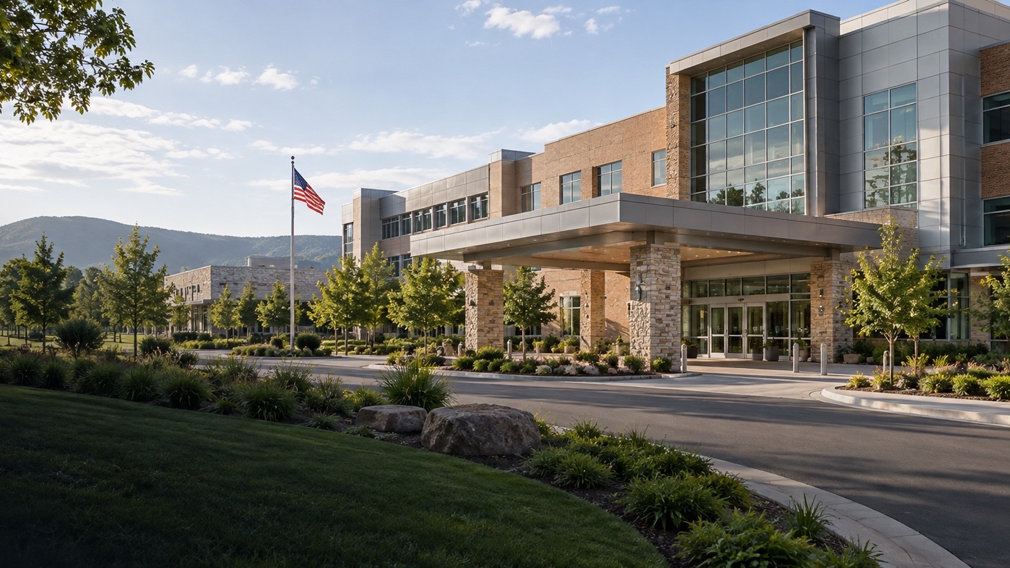 Veterans medical center campus with an American flag