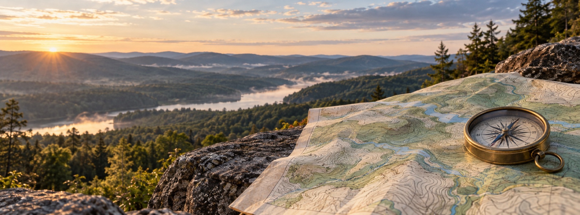 Topographic map and compass overlooking New York's Appalachian landscape