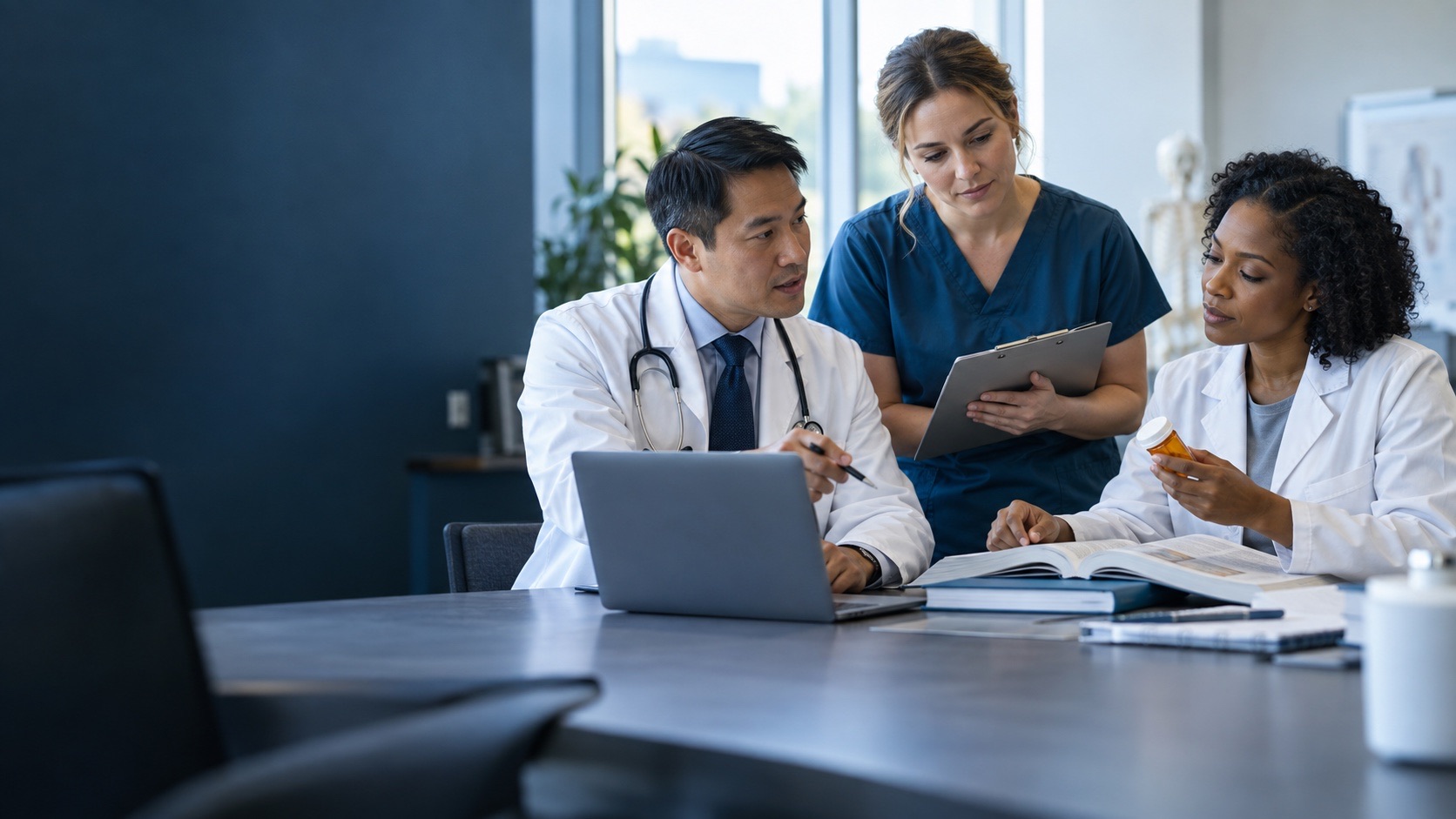 Physician, nurse, and pharmacist collaborating on healthcare education