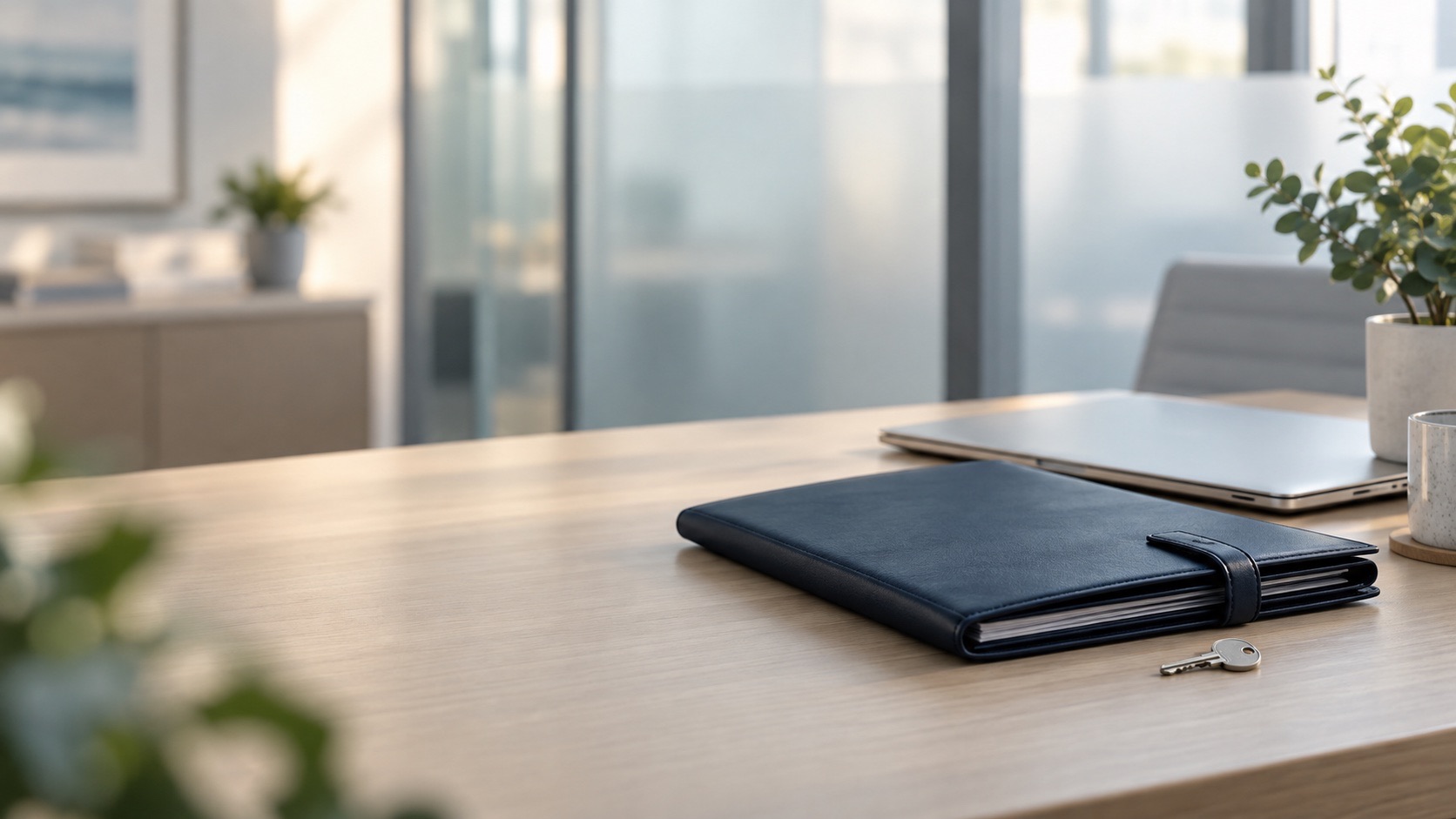 Closed document folio, laptop, and key in a quiet office with frosted glass