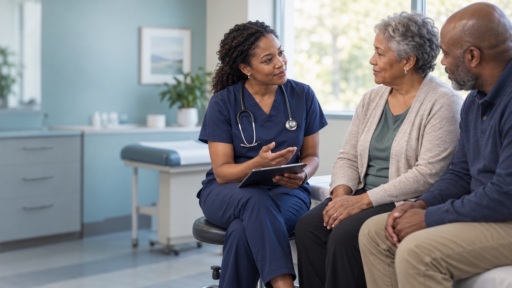 Nurse practitioner discussing care with an older patient and her companion
