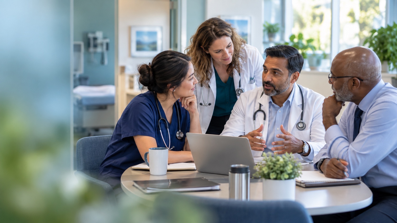 Four family physicians discussing care together in a primary care practice