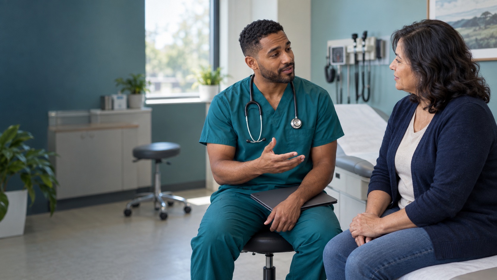 Physician assistant discussing a care plan with a patient in an exam room